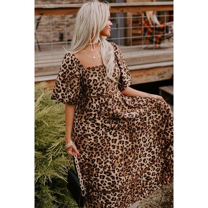 Brown Leopard Print Bubble Sleeve Square Neck Maxi Dress