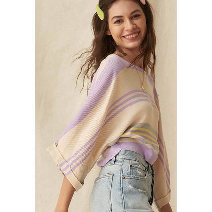 Purple Stripe Borderline Rib Knit Cuffed Dolman Sleeve Sweater