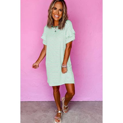 Green Stripe Ruffled Short Sleeve Crew Neck T Shirt Shift Mini Dress