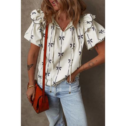 Beige Bow Printed Ruffled Bubble Sleeve Tied Notched V Neck Blouse