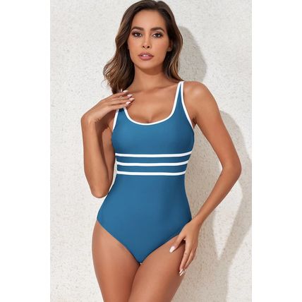 Dark Blue Contrast Trim Colorblock U Neck One Piece Swimwear
