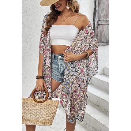 Apricot Floral Print Short Wide Sleeve Open Front Loose Kimono