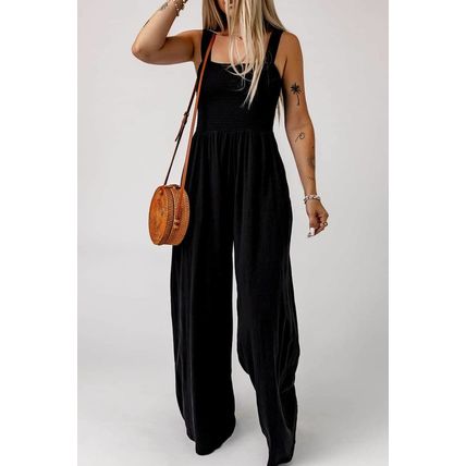 Black Smocked Sleeveless Wide Leg Jumpsuit with Pockets