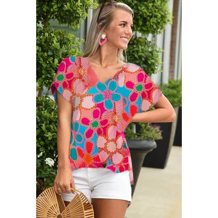 Pink Abstract Print V Neck Dolman Blouse
