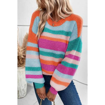 Multicolor Striped Knit Drop Shoulder Puff Sleeve Sweater