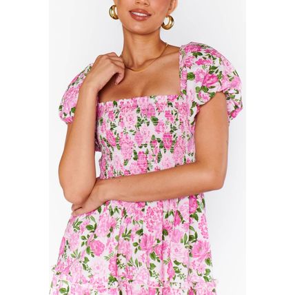 Pink Dainty Floral Smocked Puff Sleeve Flowy Long Dress