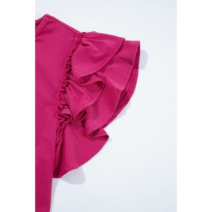 Rose Red Short Ruffle Sleeve Round Neck Blouse