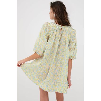 Green Floral Half Sleeve Frilled U Neck A-line Short Dress
