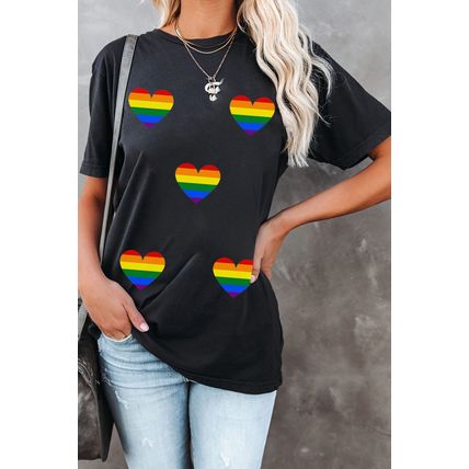 Black Heart Print Crew Neck Chic T Shirt