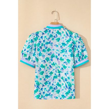 Green Floral Print Striped Trim Split V Neck Puff Short Sleeve Blouse