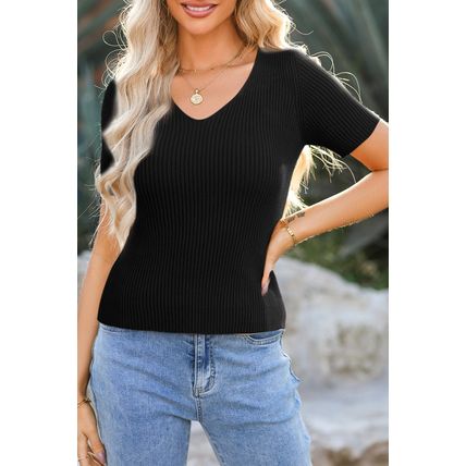 Black V Neck Ribbed Knit Lightweight Short Sleeve Sweater
