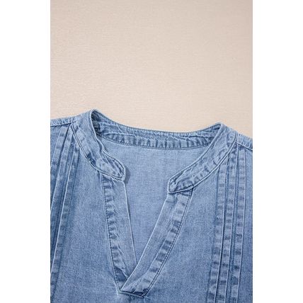 Myosotis Pintuck Pleats Puff Sleeve Split V Neck Summer Denim Top