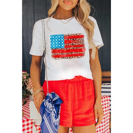 White Leopard Insert American Flag Pattern Cotton Blend T Shirt