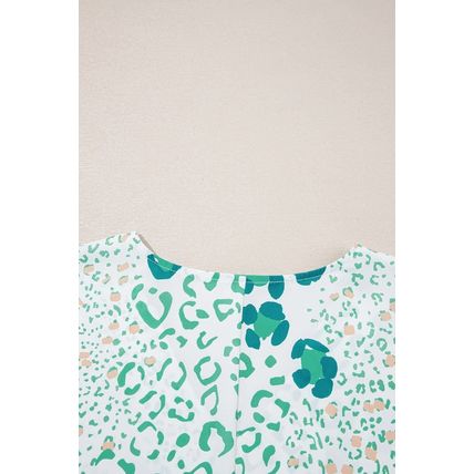 Green Mixed Leopard Print V Neck Short Sleeve Blouse