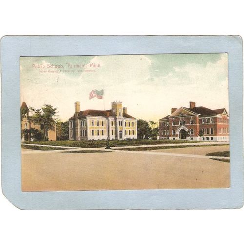 MN Fairmont Postcard Public Schools Street Scene w/Large Flag On Building ~171