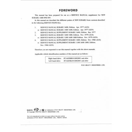 Subaru 1800 4WD MV Engine And Body Service Manual Supplement 1980 G119DEA PDF