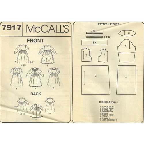 McCalls 7917 Sewing Pattern Girls' Zippered Dress 8 in One Size 7 8 used