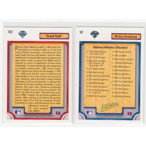 TWO 1992 Upper Deck Rickey Henderson cards #90, #782 -Althletics Checklist