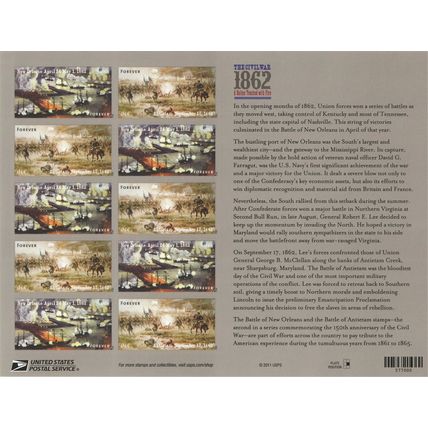 The Civil War -1862 Commemorative Stamps -2012 Issue -12 Stamps - Souvenir Sheet