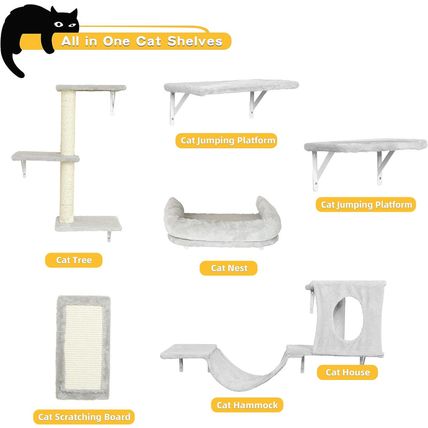 NUNU LAB Wall Mounted Cat Furniture Set - 6 Pcs Climber Set with House, Bridge,