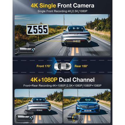 GKU Dash Cam Front and Rear Camera,4K+1080P, 5.8Ghz Wifi & GPS Dash Camera for C