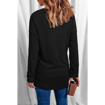 Black Solid Color V Neck Long Sleeve Knit Top