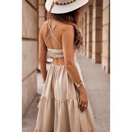 Oatmeal Crossover Backless Bodice Tiered Maxi Dress