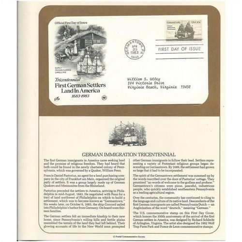 GERMAN IMMIGRATION TRICENTENNIAL ' OFFICIAL FIRST DAY of ISSUE ' ( 1983 )