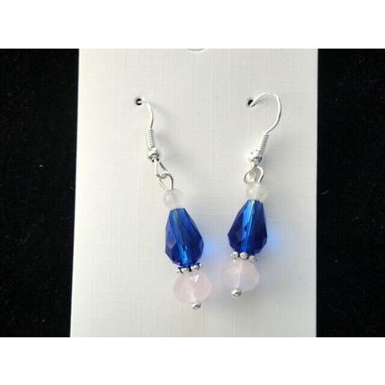 Dark blue cone and pink crystal glass simple drop elegant earrings small petite