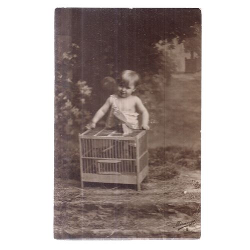 YOUNG CHILD WITH WOODEN BIRD CAGE . unused antique postcard