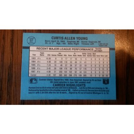 1988 Donruss Card # 097 Curt Young Very Good-Excellent (4) Oakland Athletics