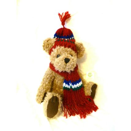 VINTAGE GIBSON GREETINGS LIGHT BROWN FURRY PLUSH BEAR w MAROON KNIT HAT & SCARF