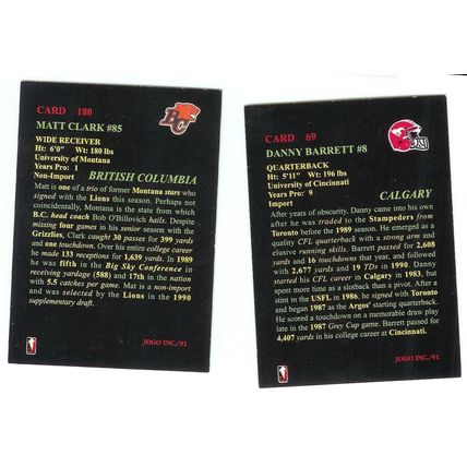 2x CFL Football Jogo 1991 Danny Barrett/Matt Clark
