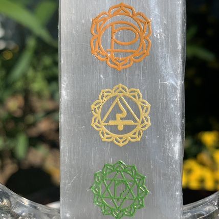 7 Chakras Selenite Wand Charging Plate Crystal Cleansing Etched Symbols 5.78"