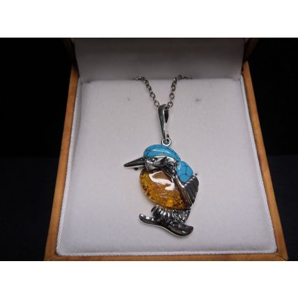 Amber and Turquoise 925 Silver Kingfisher Pendant