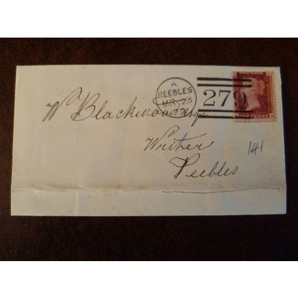 1872 GB QV 1d Red stamp plate no 141 AL cover Blackwood Eddleston Peebles