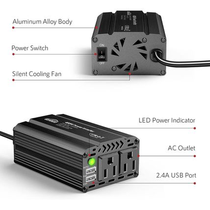 400W Power Inverter DC 12V to 110V AC Car Charger Converter with 4.8A Dual USB P