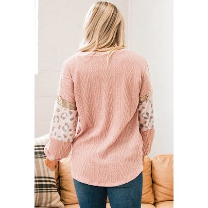 Pink Leopard Sequin Splicing Sleeves Textured Knit Top