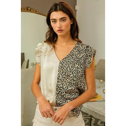 Apricot Half Leopard Patchwork Ruffle Sleeve Blouse