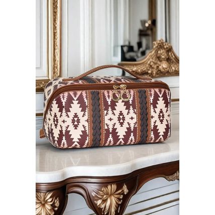 Light French Beige Geometric Braided Print Makeup Bag with Handle