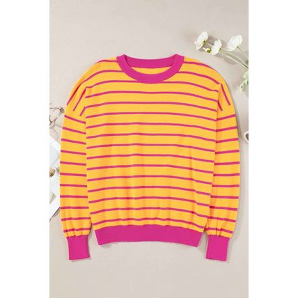 Orange Stripe Trimmed Round Neck Drop Shoulder Loose Sweater