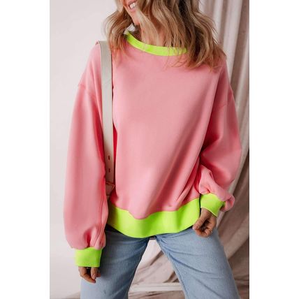 Pink Colorblock Bubble Sleeve Sweatshirt