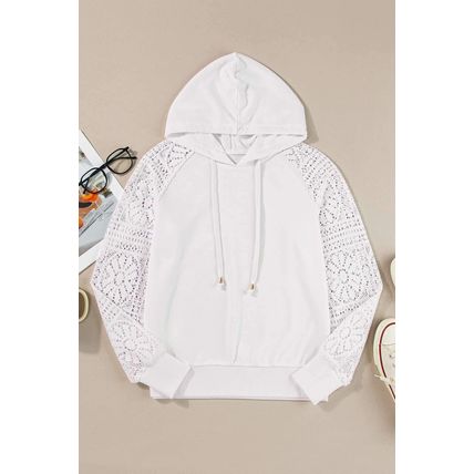 White Lace Patchwork Sleeve Drawstring Hoodie
