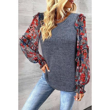 Blue Ruffle Tiered Floral Sleeve Crew Neck Blouse