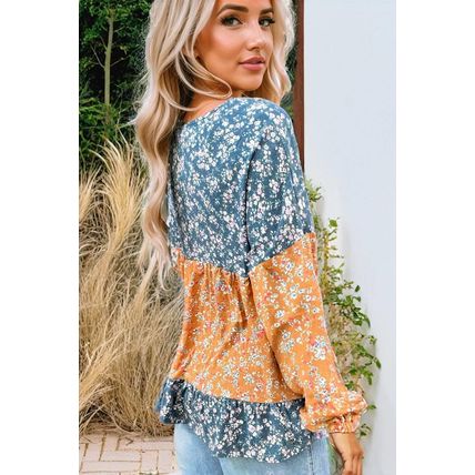 Orange Floral Color Block Ruffled Hem Round Neck Blouse