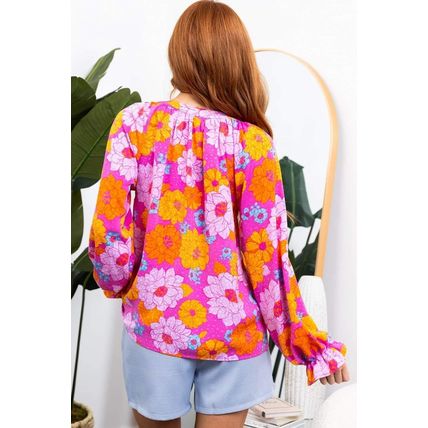 Rose Floral Print Flounce Sleeve Notched Neck Blouse