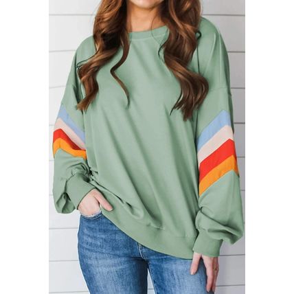 Moonlight Jade Rainbow Striped Sleeve Crew Neck Loose Sweatshirt