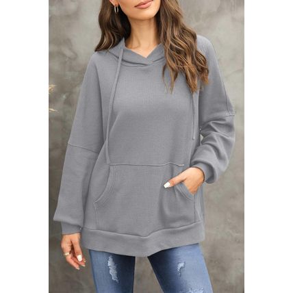 Gray Waffle Knit Fleece Lined High Low Oversized Hoodie
