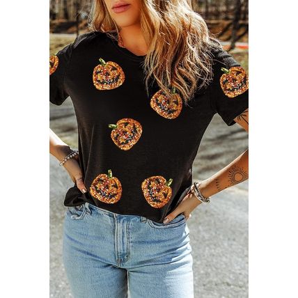 Black Sequin Pumpkin Face Halloween T Shirt