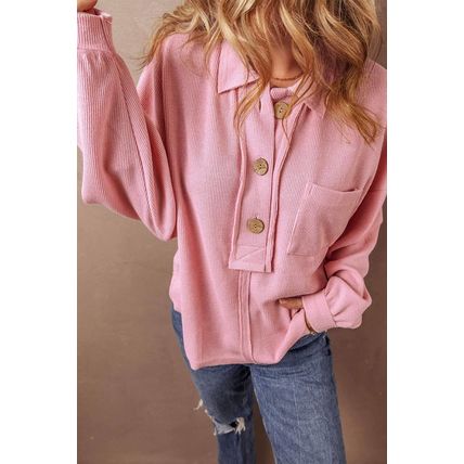 Pink Ribbed Knit Collared Henley Top with Chest Pocket